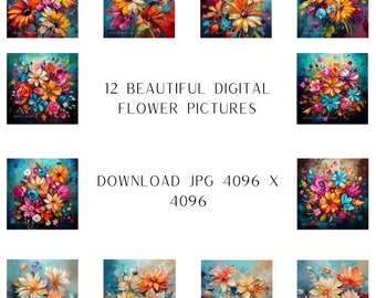 Hermosas flores - Conjunto de 12 JPG de alta calidad para descarga digital, medios mixtos, artesanía en papel digital