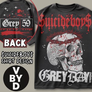 May include: Black t-shirt with a white skull wearing a crown of thorns and blood splatters. The text "Suicideboys" is in red above the skull and "Grey Day" is in white below the skull.