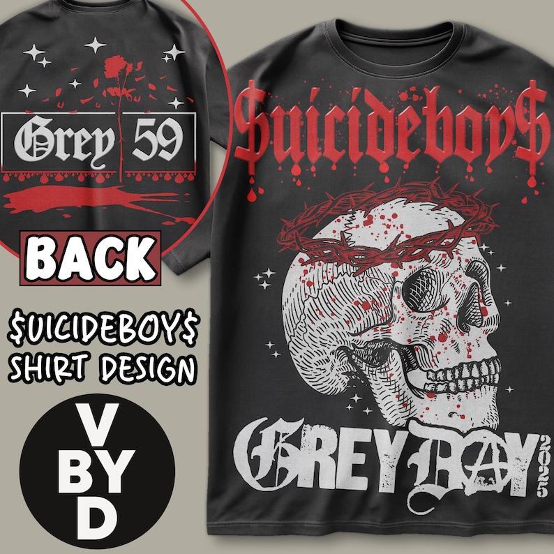 May include: Black t-shirt with a white skull wearing a crown of thorns and blood splatters. The text "Suicideboys" is in red above the skull and "Grey Day" is in white below the skull.