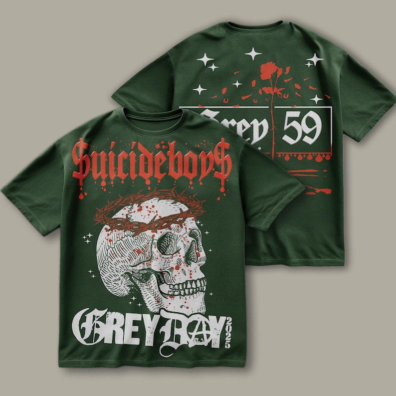 May include: Two green t-shirts with a skull and crown of thorns design on the front and the text "Suicideboys Grey Day 2022" and the text "Grey 59" on the back.