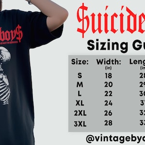 May include: Black t-shirt with a white skeleton graphic and the text "$uicideboy$ THE NUMBER YOU HAVE DIALED IS NOT IN SERVICE". Sizing chart with measurements in inches for sizes S-3XL.