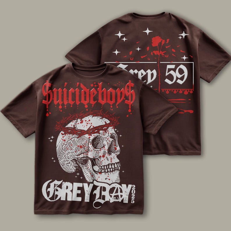 May include: Brown t-shirt with a skull graphic and the text "Suicideboys Grey Day 2025". The back of the shirt has a rose and the text "Grey 59".
