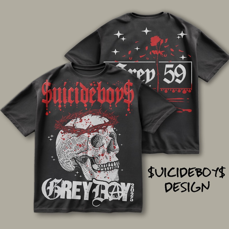 May include: Black t-shirt with a white skull graphic and red blood splatter. The text "Suicideboys" and "Grey Day 2025" are printed on the shirt. The back of the shirt has a rose and the text "Grey 59".