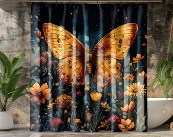 Moth and Wildflowers Shower Curtain: Celestial Bathroom Decor