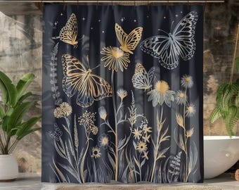 Celestial Butterfly Shower Curtain: Navy Blue Wildflower Bath Decor
