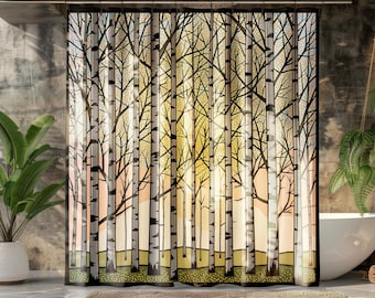 May include: A shower curtain featuring a stylized forest scene with birch trees. The design includes black branches, gray trunks, and a yellow and pink background, creating a nature-inspired aesthetic. The curtain is hanging in a bathroom setting.