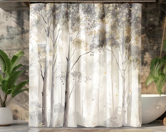 Minimalist Forest Shower Curtain: Scandinavian Neutral Tree Design