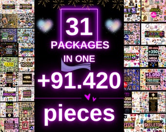 31 Packages in one | Total +91420 pieces | Digital sticker | Download sticker design | T-shirt Design | Planner stickers | Design label