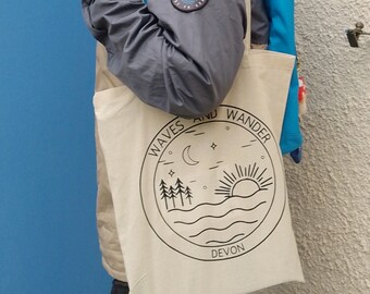 Waves and sun Tote Bag, Devon Tote bag, beach bag, Organic Cotton, cool design tote bag, Cool bag, adventures tote bag, surf fashion bag