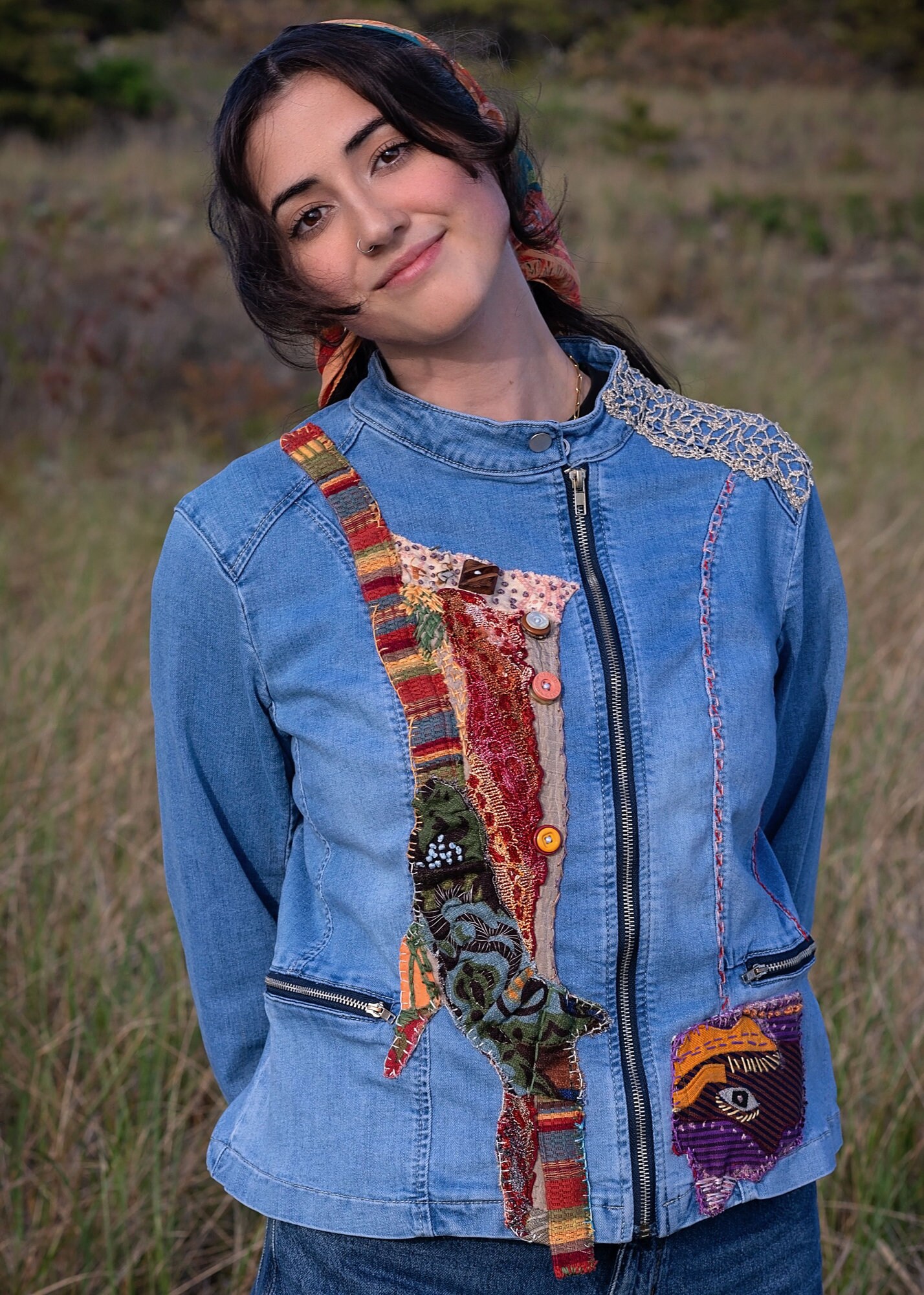 Artistically Redesigned Upscale Denim off Center Zipper Jacket