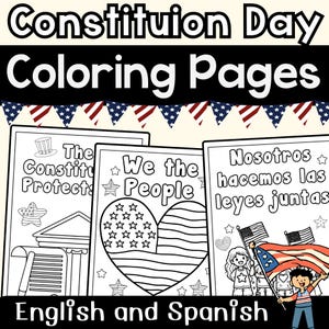 Pode incluir: Um conjunto de páginas para colorir do Dia da Constituição. As páginas apresentam temas patrióticos, incluindo os textos "We the People" e "The Constitution Protects". As páginas estão em inglês e espanhol, com ilustrações de bandeiras e estrelas.