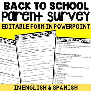 Może przedstawiać: Czarno-biały obraz formularza "Back to School Parent Survey". Formularz jest edytowalny w programie PowerPoint i zawiera sekcje takie jak "Getting to Know Your Child" i "Study Environment". Tekst jest w języku angielskim i hiszpańskim.