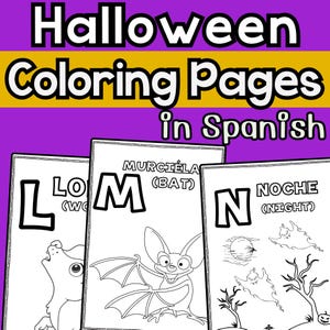 May include: Halloween coloring pages in Spanish. The image shows three black and white coloring pages with the letters L, M, and N. The pages feature illustrations of a wolf, a bat, and a night scene with ghosts.