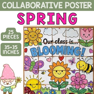Peut inclure: Une affiche collaborative sur le thème du printemps avec le mot "SPRING" en lettres roses. L'affiche mesure 89 x 89 cm et est composée de 25 pièces. Elle présente des illustrations de fleurs, papillons, abeilles et la phrase "Our class is... BLOOMING!"
