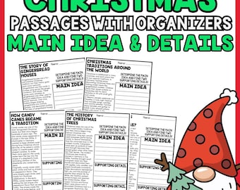 May include: A festive educational resource featuring the title "Christmas Passages with Organizers Main Idea & Details." The worksheet includes sections on topics such as gingerbread houses and Christmas traditions, designed for learning.