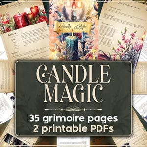 Könnte beinhalten: Eine Collage von Bildern mit dem Thema Kerzenmagie, mit dem Titel "Candle Magic 35 grimoire pages 2 printable PDFs". Die Bilder sind im Vintage-Stil gehalten und zeigen Kerzen, Blumen und andere magische Elemente.
