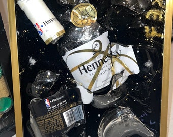 Limited edition broken Henny glass bottle In picture Frame