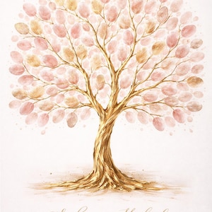 Può includere: Illustrazione di un albero dorato con dettagli a forma di foglie rosa e oro. Il tronco e i rami dell'albero sono dorati. I nomi "Sophia & Michael" e la data "April 20, 2024" sono scritti in oro in basso. Un ricordo di matrimonio o anniversario.