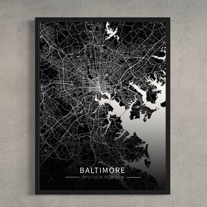 Baltimore city map wall art for modern living room decor Black and white city map poster for minimalist interior Baltimore map canvas print
