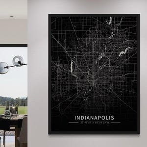 Arte de pared con mapa de Indianápolis para una decoración moderna del hogar. Impresión de mapa en blanco y negro de la ciudad de Indianápolis. Arte de pared grande con mapa de calles detallado.