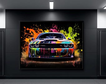 Dodge Challenger wall art Graffiti canvas print Muscle car poster Garage decor gift