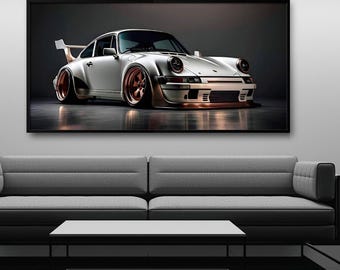 Porsche 911 Wandbild, Leinwanddruck, silbernes Sportwagen-Poster, moderne Garagendekoration, Geschenk für Autoliebhaber