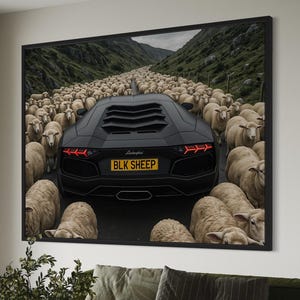 Car canvas painting Lamborghini wall art for car lovers gift Luxury car canvas print for office decor Black sheep poster with sports car