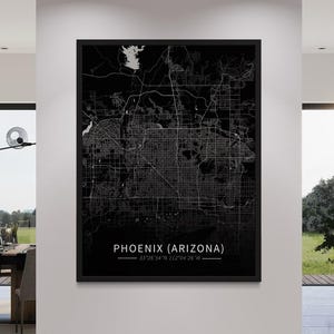 Arte de parede com mapa de Phoenix para escritório, impressão de mapa da cidade preta para sala de estar, pintura em tela da cidade dos EUA, pôster de mapa moderno de cidades americanas para presente
