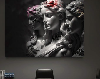 Graffiti Goddesses Canvas Art: Black and White Statue Painting