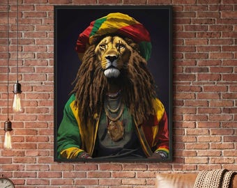 Rasta Lion wall art Canvas print Reggae decor Boho animal poster African style art