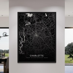 Carte de la ville de Charlotte, art mural, carte de Charlotte, affiche en noir et blanc, carte de la ville de Charlotte moderne, impression sur toile, décoration de bureau, carte de la ville de Charlotte