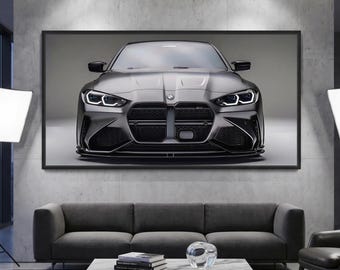 Lienzo impreso del BMW M4. Decoración de pared con coche deportivo. Póster de superdeportivo moderno. Obra de arte de lujo para la oficina.