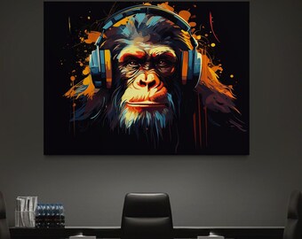 Canvasprint Koptelefoon aap graffiti: kleurrijke dierenmuurkunst