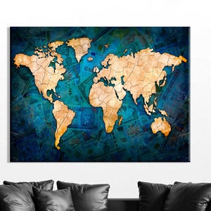 Ingelijste wereldkaartafdruk voor modern huis Financiële kaart canvas muurkunst voor kantoor Cadeau voor zakenman wereldkaartposter Kunstwerken wereldeconomie