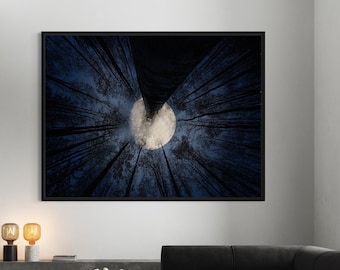 Cuadro de luna llena, póster de cielo nocturno en el bosque, decoración de paisaje natural.