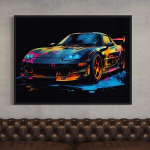 Neon sports car Canvas print Mazda RX-7 wall art JDM poster Graffiti racing car Gift for men Office decor Large artwork Garage decor