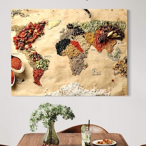Lienzo con mapa del mundo de las especias, decoración de pared para cocina, regalo gastronómico único, obra de arte rústica para comedor, impresión culinaria para pared, regalo de inauguración de la casa para chefs