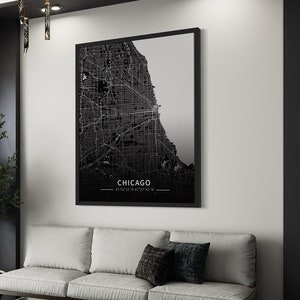 Carte de Chicago en noir et blanc, art mural, carte des rues de Chicago, toile pour décoration d'appartement, affiche de la carte des villes des États-Unis, grande affiche de la carte de la ville de Chicago
