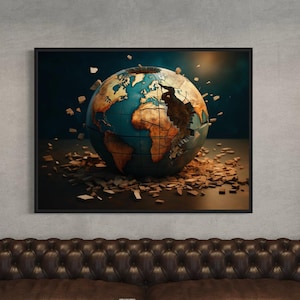 Płótno z motywem puzzli Ziemi do salonu Nowoczesna ścienna grafika z globusem do biura 3D dekoracja ścienna z mapą świata Plakat z rozbitym globusem Ziemi