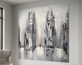 Rainy cityscape canvas print Abstract skyline wall art Modern urban decor living room