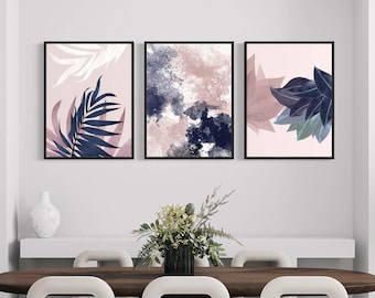 Conjunto de lienzos decorativos de pared estilo tríptico bohemio con hojas azules. Obra de arte botánica abstracta.