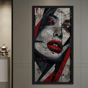 Beautiful woman painting apartment decor Red lips wall art for modern living room A Black and red artwork for office Red lips poster print