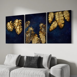 Gold Leaf Botanical Canvas Art: Navy Abstract Tropical Set
