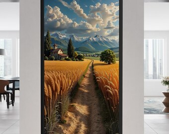 小麦畑の家水彩画プリント雨雲写真フィールド風景カントリーハウス装飾