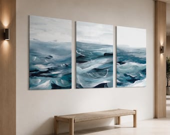 Coastal wall art Blue ocean canvas print Sea wall decor Waves poster triptych