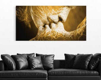 Kiss wall art Abstract  gold canvas print Love couple painting Line artwork