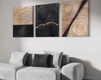 Arte abstracto en lienzo dorado y negro: tríptico moderno para decoración de pared