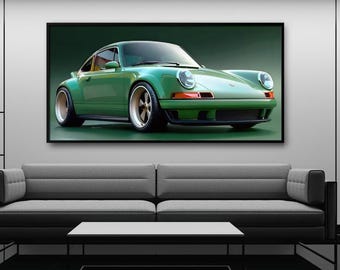 Porsche 911 Wandbild, grüner Porsche-Leinwanddruck, Sportwagen-Garagendekoration, Büro-Kunstwerk
