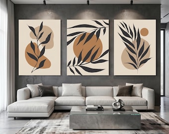 Juego de 3 láminas de lienzo con motivos botánicos de estilo boho. Decoración japonesa neutra para sala de estar.