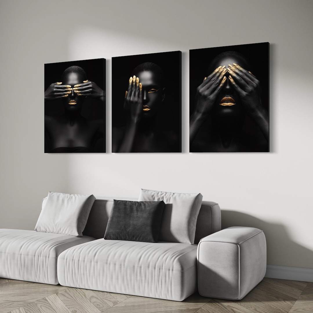 Black Woman Gold Accent Canvas Print - Modern Triptych Wall Art - Etsy